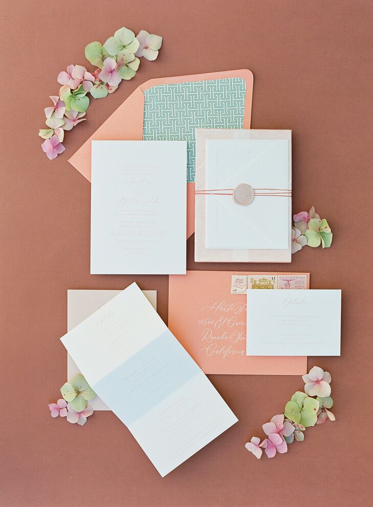 Peach-and-Teal Invitation for Wedding at The Inn at Rancho Santa Fe in California