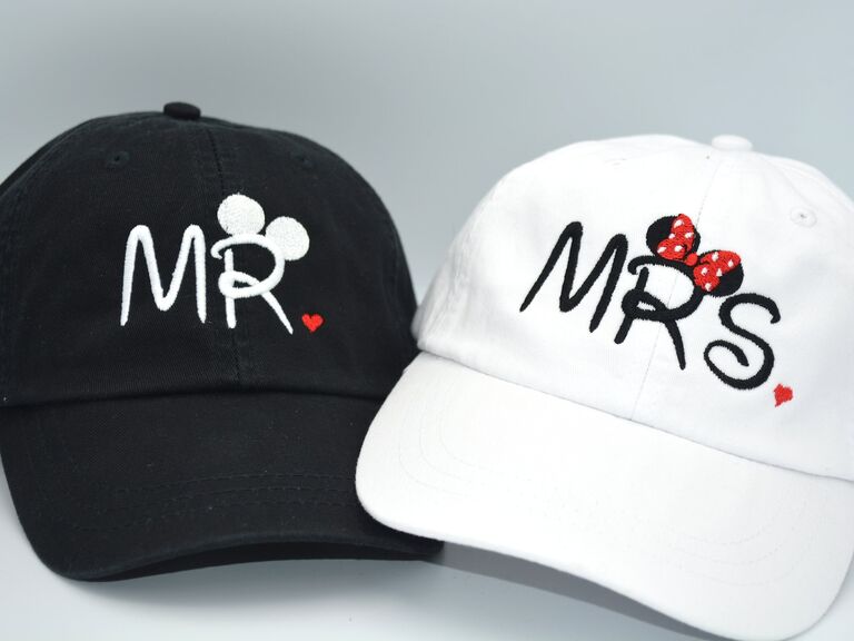 Mr. and Mrs. Disney-inspired baseball caps. 