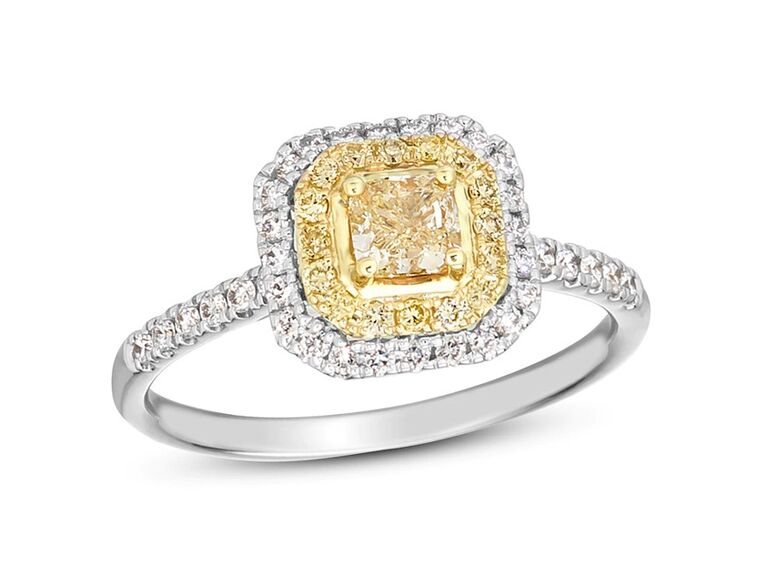 jared yellow diamond two tone engagement ring with round yellow diamond center stone double halo with one gold halo of yellow diamonds and second white gold halo with white diamonds diamond sides and plain white gold band