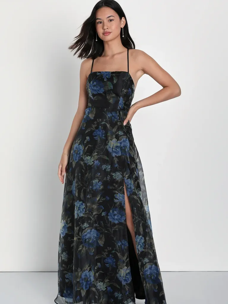 Black Floral Organza Lace-Up Maxi Wedding Guest Dress