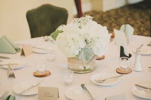 White Hydrangea and Mum Centerpiece with Wood Coasters