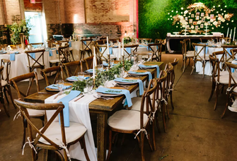The tables are set with boho-chic decor in the event space at The Eastern.
