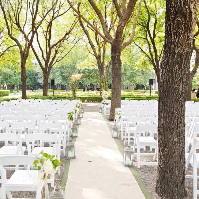 The ceremony took place amongst the trees in the garden and classic wedding songs were played by a string quartet throughout, says Tiffany.
