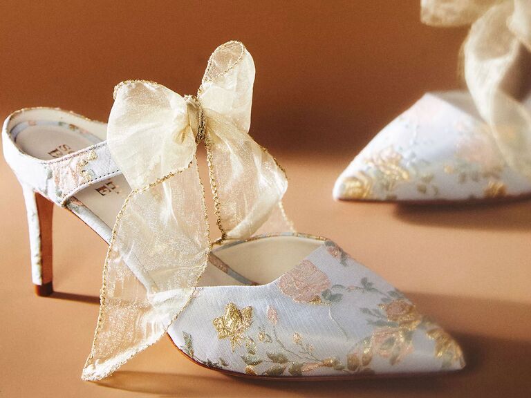 Something Bleu floral bridal shoes topped with gold bows