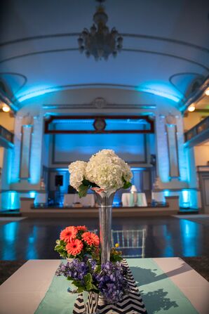 Colorful Centerpieces and Black and White Table Runners