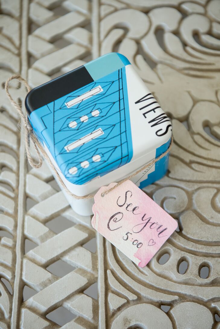 For her gift to Brett, Jenna had a watch engraved with "love you more." She wrapped it in a vintage box and had it delivered to him before the 5 p.m. ceremony.