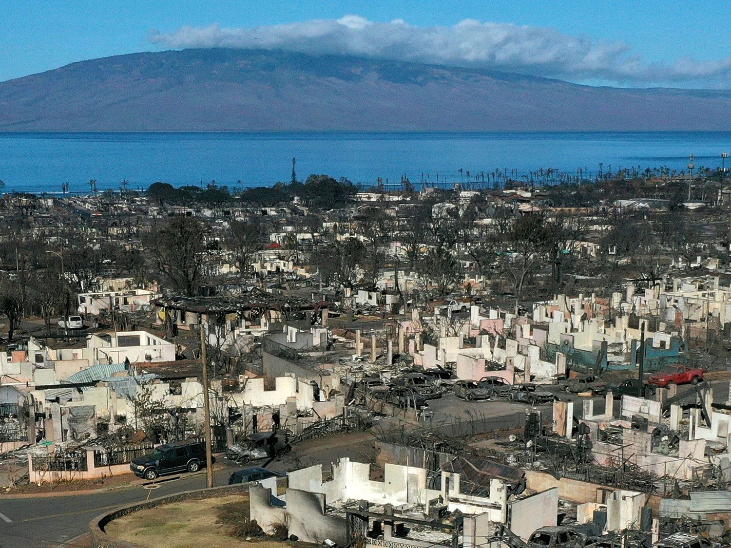 An aerial image shows destroyed homes and vehicles after a wind driven wildfire burned from the hills through neighborhoods to the Pacific Ocean, as seen in the aftermath of the Maui wildfires in Lahaina, Hawaii, on August 17, 2023. Embattled officials in Hawaii who have been criticized for the lack of warnings as a deadly wildfire ripped through a town insisted on August 16 that sounding emergency sirens would not have saved lives. At least 110 people died when the inferno levelled Lahaina last week on the island of Maui, with some residents not aware their town was at risk until they saw flames for themselves. (Photo by Patrick T. Fallon / AFP) 