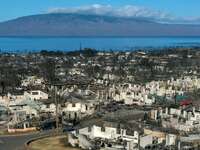 An aerial image shows destroyed homes and vehicles after a wind driven wildfire burned from the hills through neighborhoods to the Pacific Ocean, as seen in the aftermath of the Maui wildfires in Lahaina, Hawaii, on August 17, 2023. Embattled officials in Hawaii who have been criticized for the lack of warnings as a deadly wildfire ripped through a town insisted on August 16 that sounding emergency sirens would not have saved lives. At least 110 people died when the inferno levelled Lahaina last week on the island of Maui, with some residents not aware their town was at risk until they saw flames for themselves. (Photo by Patrick T. Fallon / AFP) 