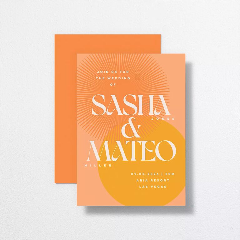 retro orange and yellow sunburst spring wedding invitations from the knot