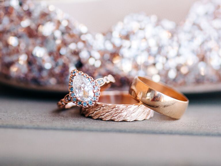 Rose gold engagement ring with wedding bands