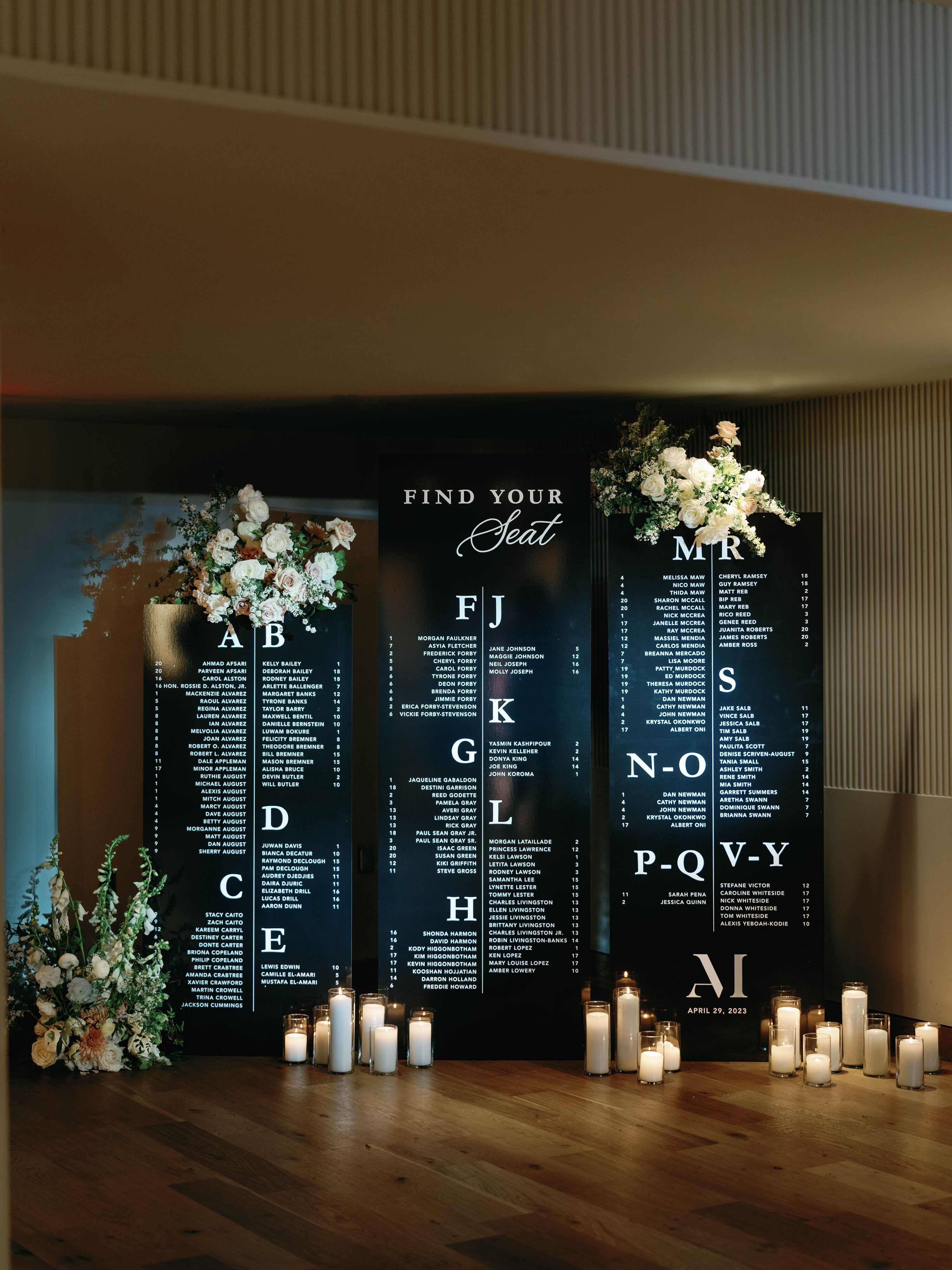 Elegant Black-and-White Seating Chart With Floral Arrangements and Candles