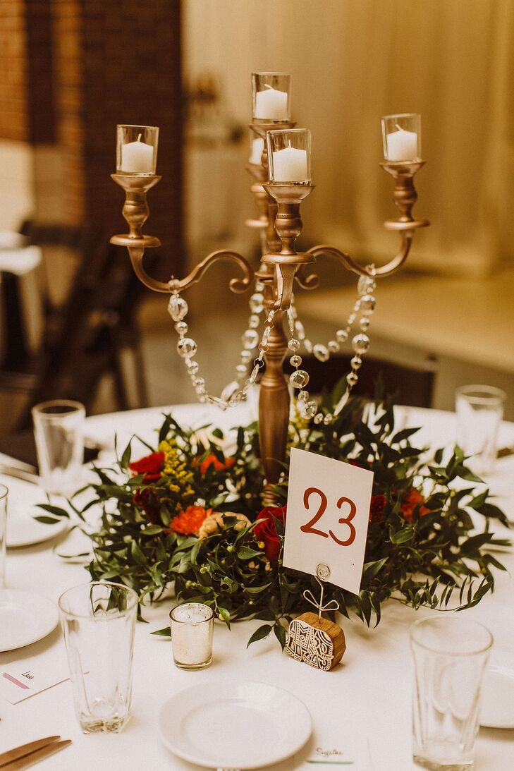 Candelabra Centerpiece With Greenery  at The Rattlesnake Club in Detroit, Michigan