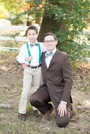 Brown and Emerald Wedding Attire with Plaid Bow Ties