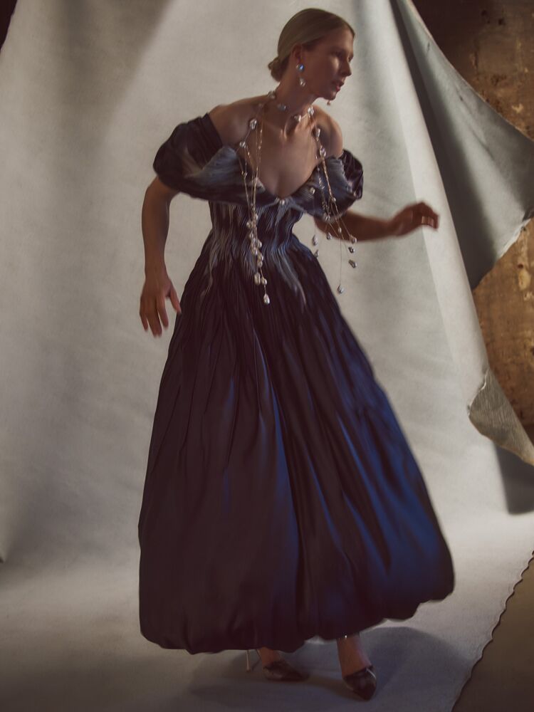 Danielle Frankel black tucked satin twill wedding dress