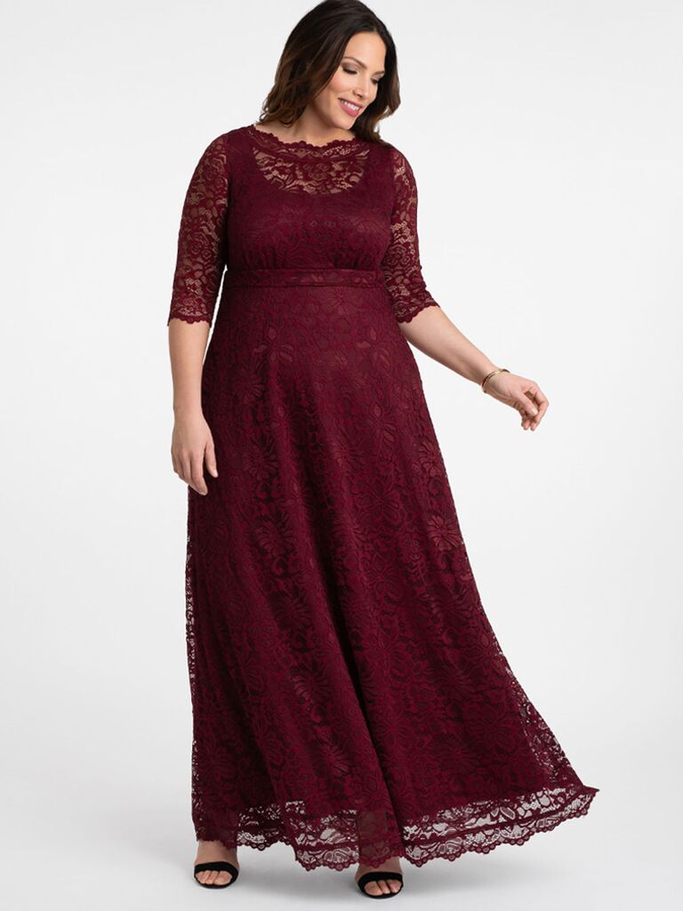 Kiyonna elegant lace gown in wine for black-tie wedding guest attire