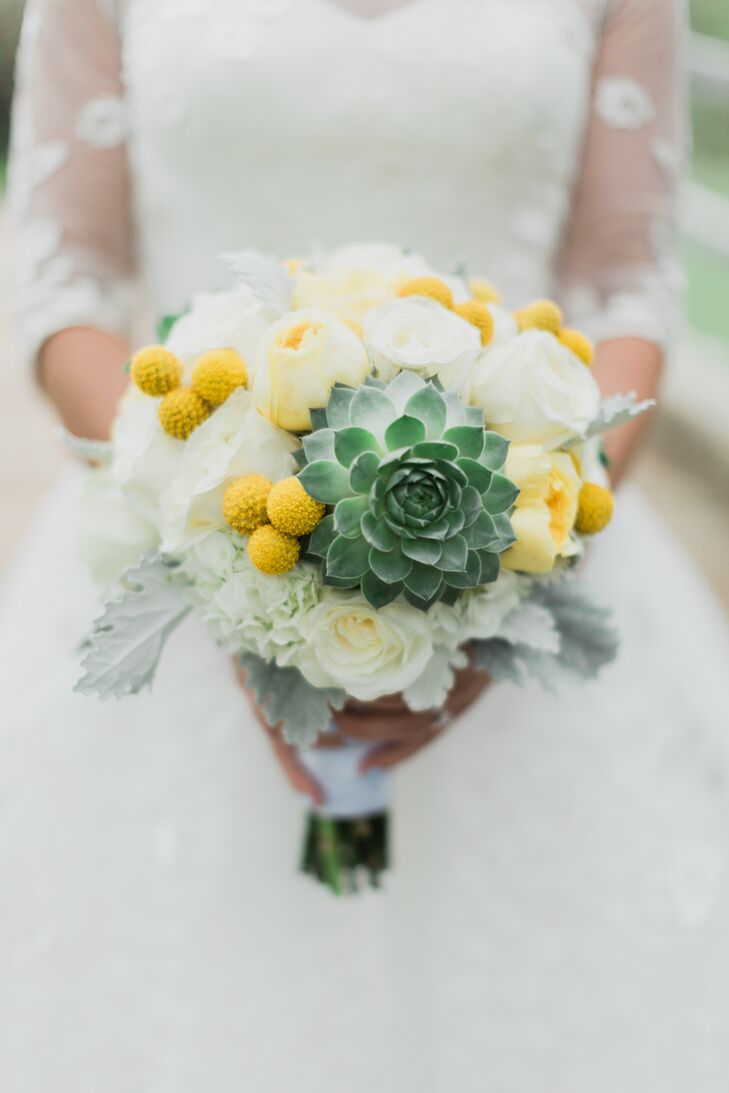 Jennifer's bouquet included tea roses, craspedia and succulents to reflect her palette. Corinna from the Dutch Touch, whom she's known for years, was her florist.
