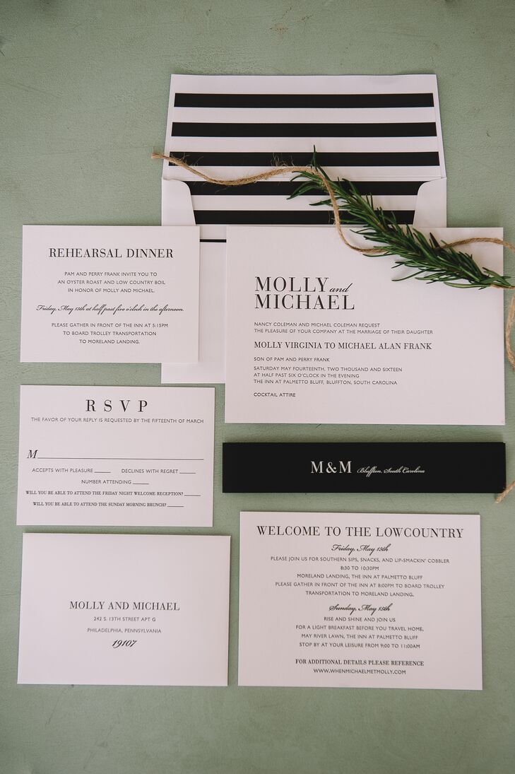Molly and her wedding planner designed the simple black-and-white-striped invitation suite, which were then printed by Savannah Print Factory.