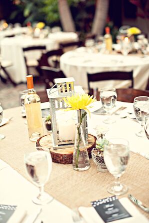 White Lantern Centerpiece on Wood Slab