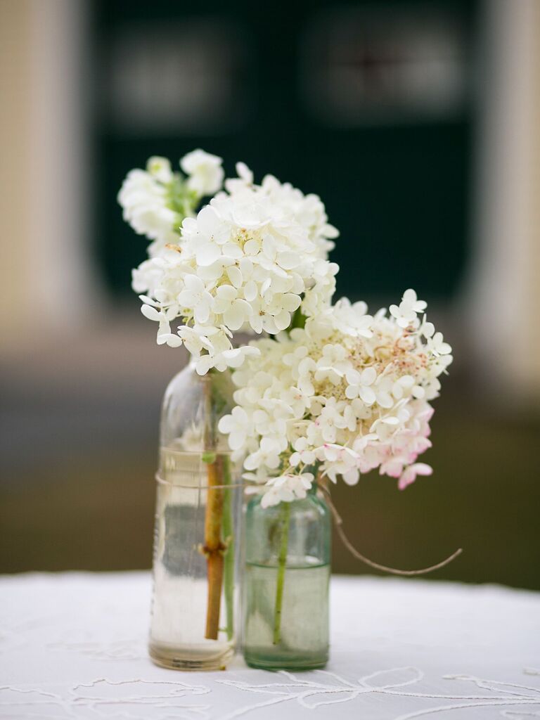 A white hydrangea centerpiece.