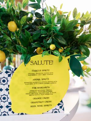 Lemon-Shaped Bar Menu With Italian Drinks in Yellow and Blue at Rehearsal Dinner