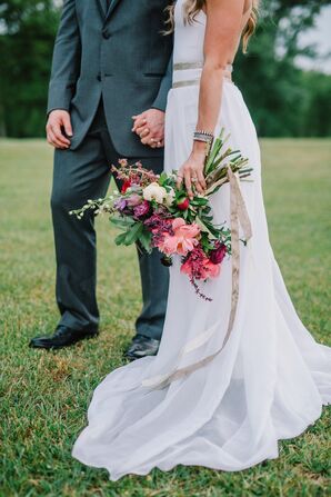 Double Silver Belt Backless Chiffon Wedding Dress