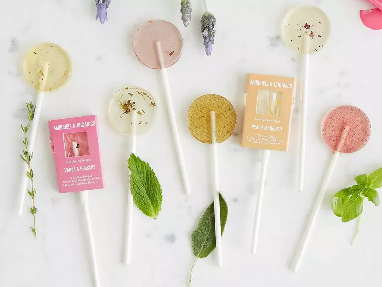 Beautiful lollipops that include flower petals and herbs. 