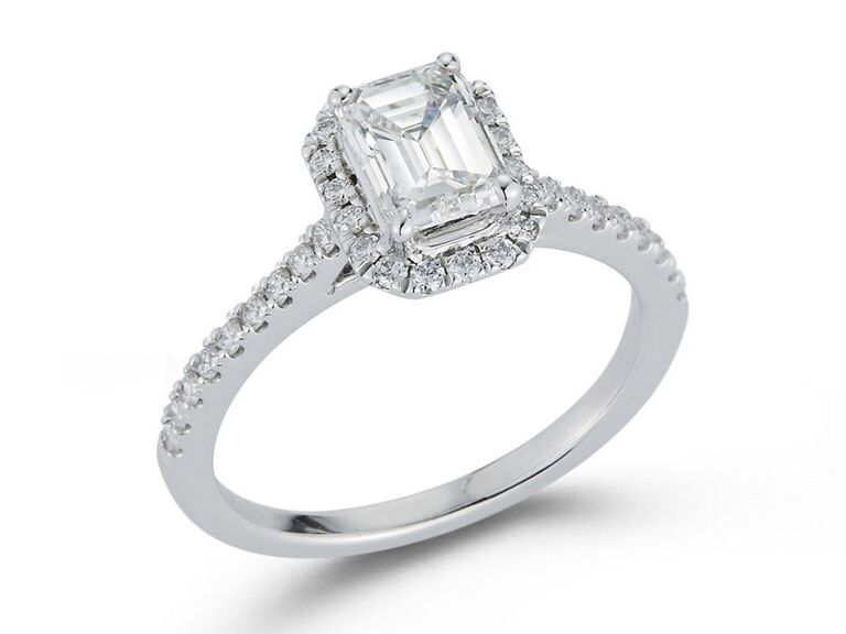 dana rebecca designs emerald cut diamond engagement ring with round diamond halo round diamond shank and white gold band