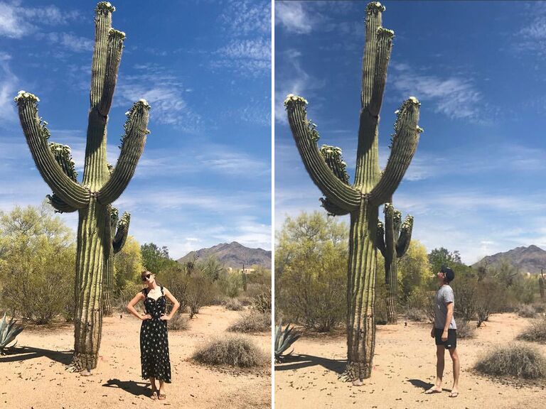 Taylor Swift and Joe Alwyn standing next to same cacti