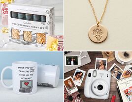 Collage of new realtionship gifts including mugs, a polaroid camera, a popcorn set, and a necklace. 