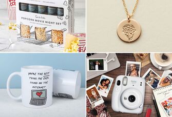 Collage of new realtionship gifts including mugs, a polaroid camera, a popcorn set, and a necklace. 