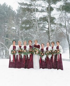 Long Burgundy Bridesmaid Dresses and Gray Shawls