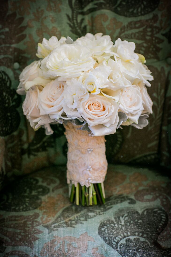Classic Ivory Rose Bouquet Wrapped in Lace