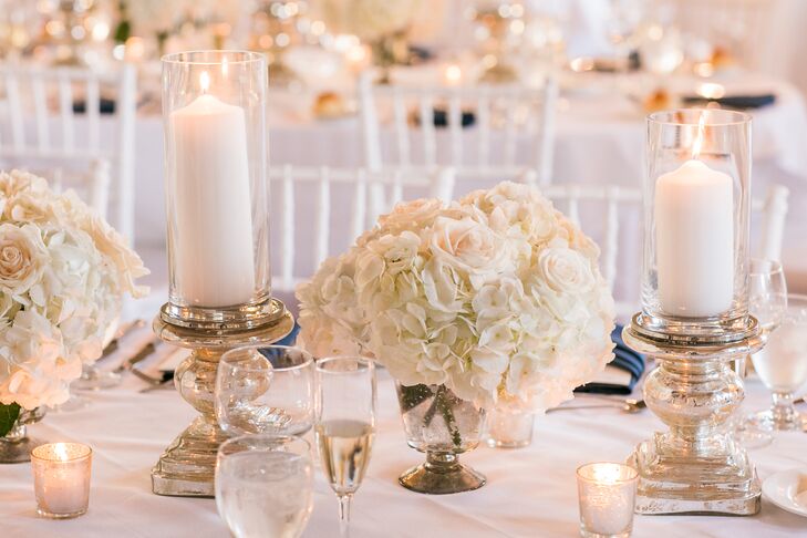 Classic White Hydrangea Centerpiece in Mercury-Glass Vessel