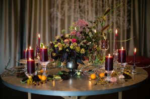 Burgundy Candles and Vintage Vase with Wildflowers