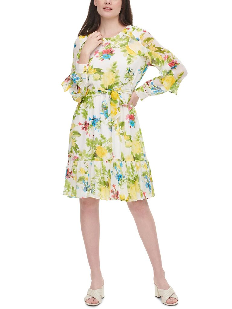 macy's white pastel dress for wedding guests with multicolored floral print long sleeves and ruffle trimmed skirt