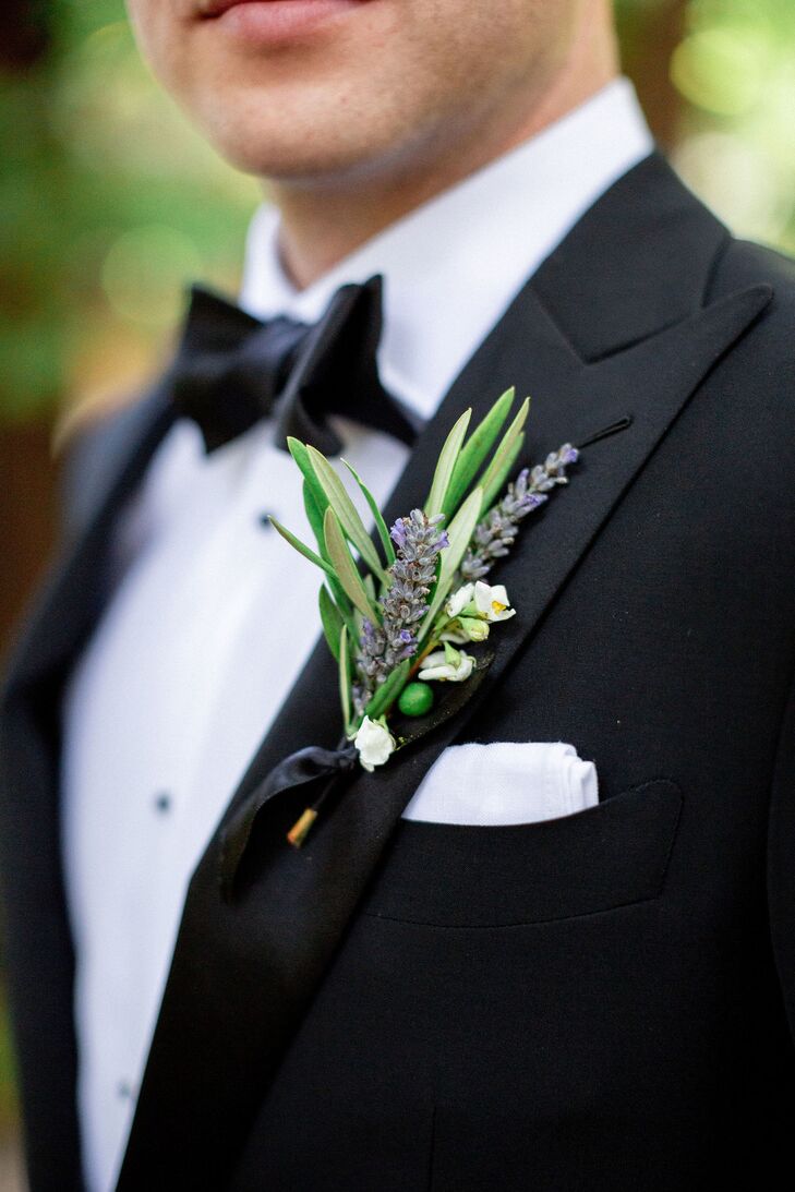 Lavender Boutonniere and Formal Black Tuxedo