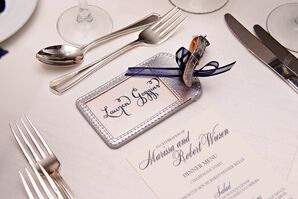 Silver Luggage Tag Favors with Navy Ribbon