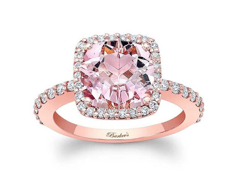 barkev's pink diamond cushion cut engagement ring with round diamond halo and round diamond rose gold band