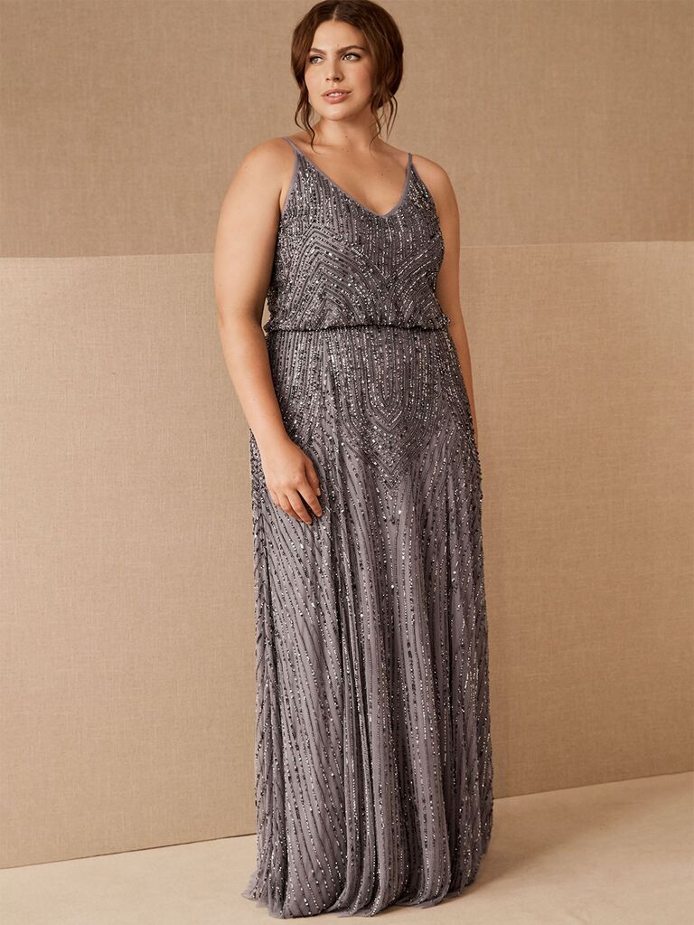Gray shimmery beaded dress with draped bodice and floor-length skirt