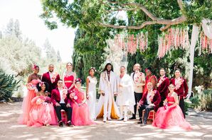 Grooms in Custom White-and-Gold Outfits With Wedding Party in Bold Pink Attire