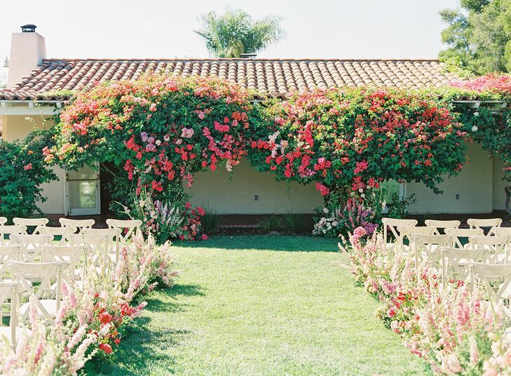 Wedding Ceremony With Bougainvillea Backdrop at The Inn at Rancho Santa Fe in California