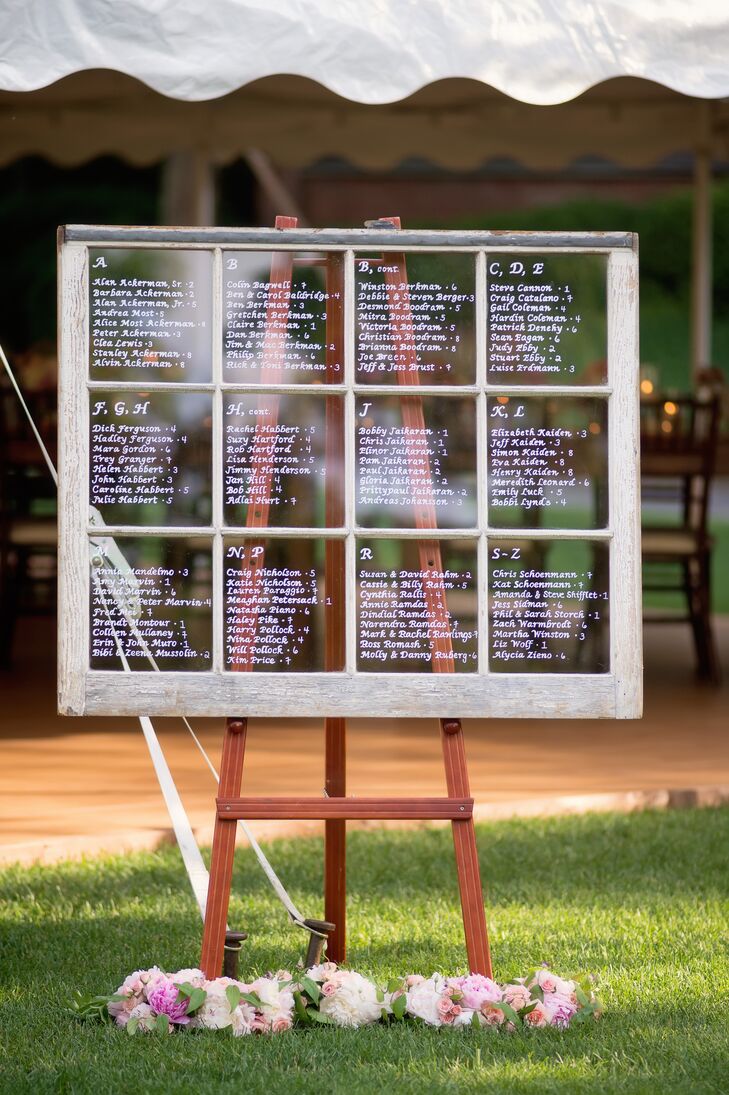 Instead of traditional escort cards, Nellie's mom wrote everybody's name and seating assignments on a vintage window pane.