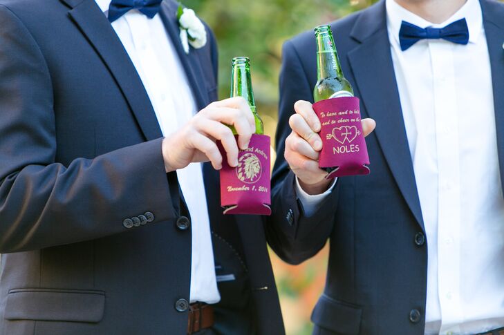In addition to cake, candy, s'mores and homemade Chex Mix, Lauren and Andy gave out these cute personalized koozies. Each one had a different color and design with just the couple's name and wedding date as a constant.