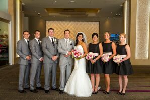 Black A-Line Bridesmaid Dresses with Pink Sashes