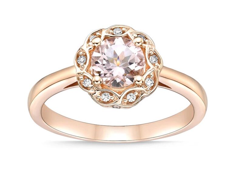 zales flower engagement ring with round morganite round diamond marquise shaped halo and plain rose gold band