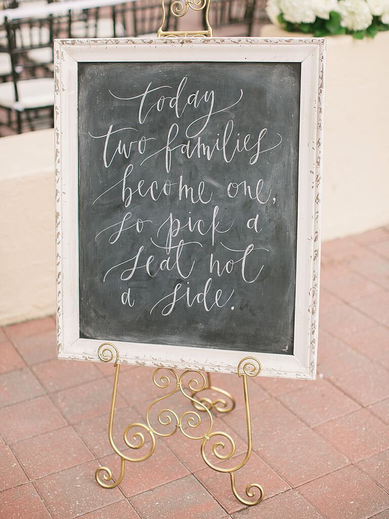 Calligraphed chalkboard wedding sign for ceremony seating