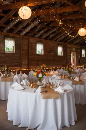 Barn Reception, White and Burlap Linens