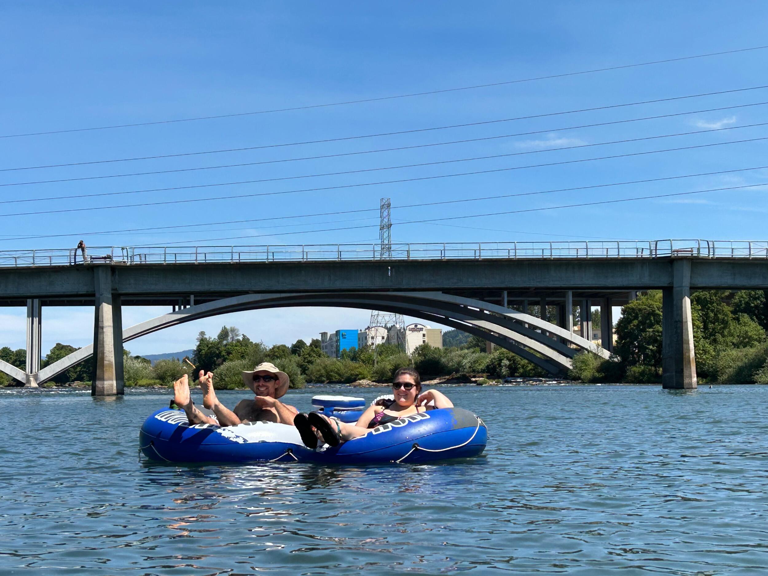 Floating the Willamette River in Eugene after the first of several cross-country train trips to visit Celena's sister Clare