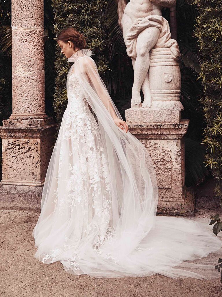 Monique Lhuillier Spring 2020 Bridal Collection tulle and lace wedding dress with train