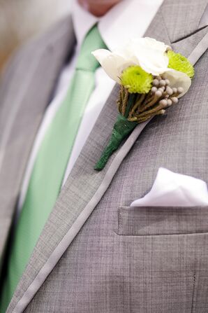 Gray Groom Suit with Green Tie and Boutonniere